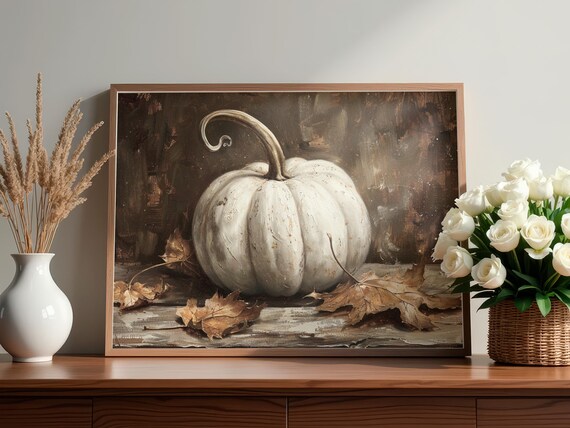 Vintage Pumpkin Still Life Print Rustic Autumn Harvest Painting Fall Farmhouse Moody Wall Art