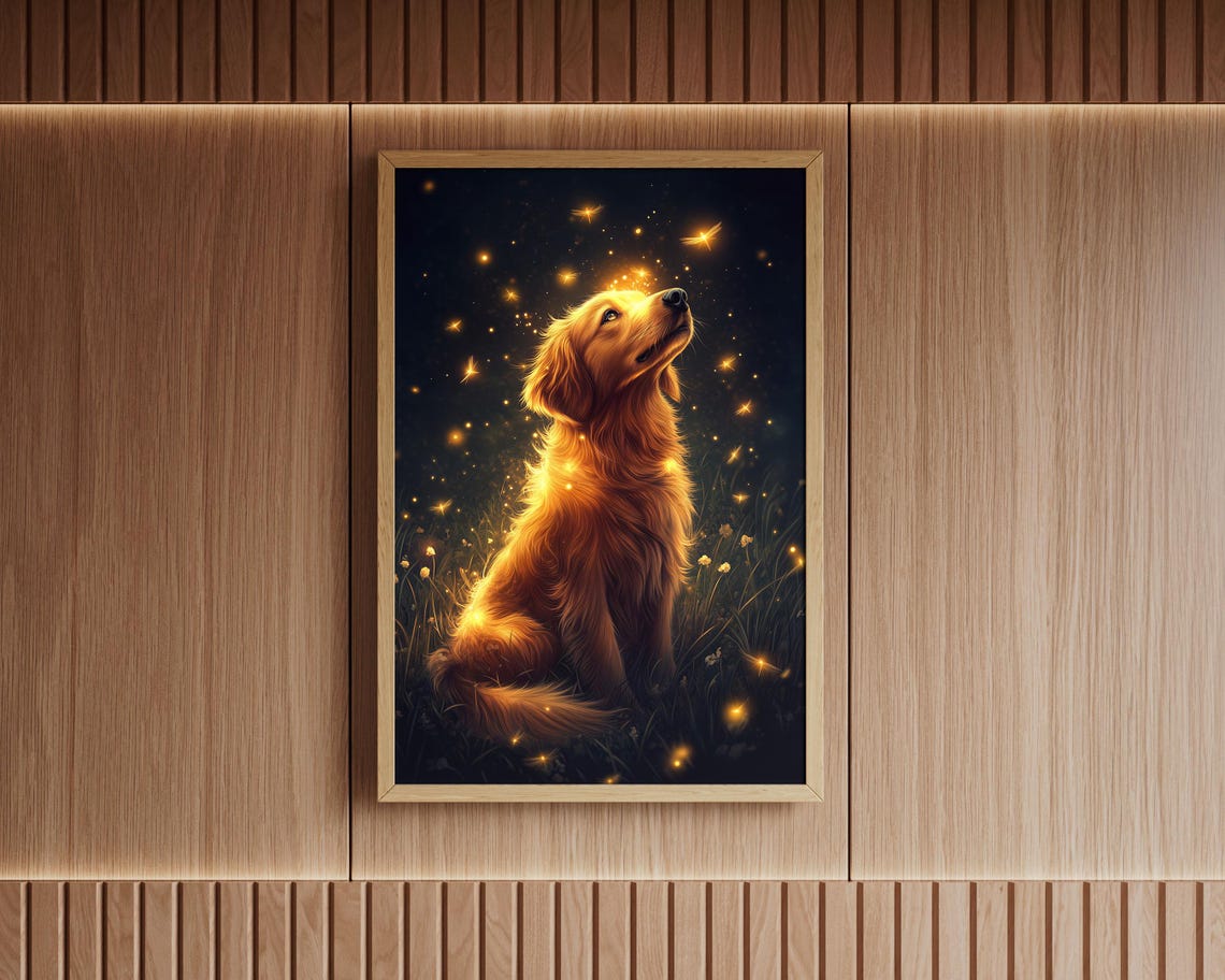 Golden Retriever Watching Fireflies Magical Night Sky Wall Art
