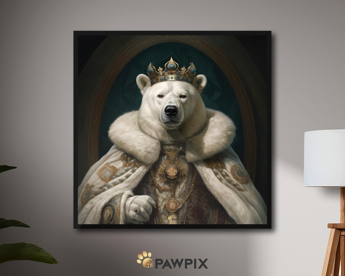 Majestic Crowned Polar Bear King White Fur Cape Royal Animal Portrait Art