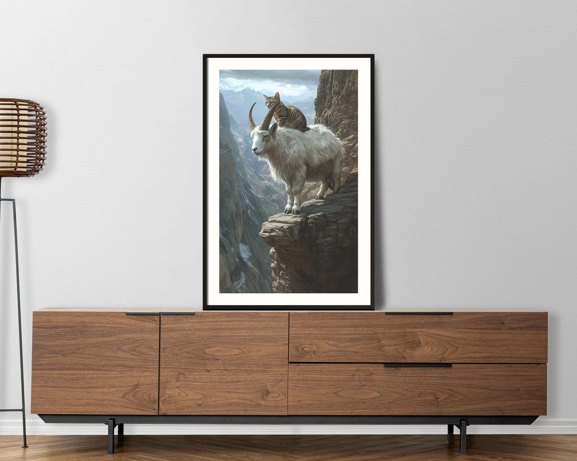 Mountain Goat Cliff Edge with Cat Riding Back Surreal Animal Poster - Image 5