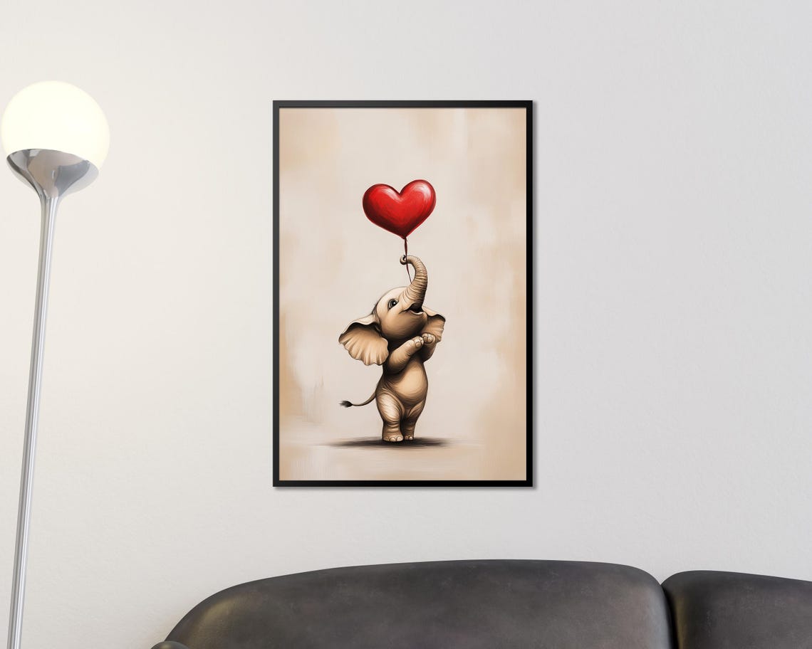 Cute Baby Elephant Holding Red Heart Balloon Nursery Wall Art - Image 3