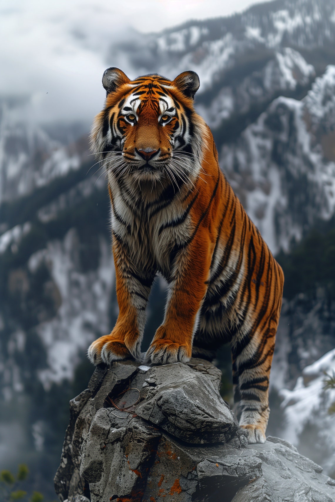 Majestic Tiger On Rocky Cliff Snowy Mountain Wildlife Nature Poster - Image 5