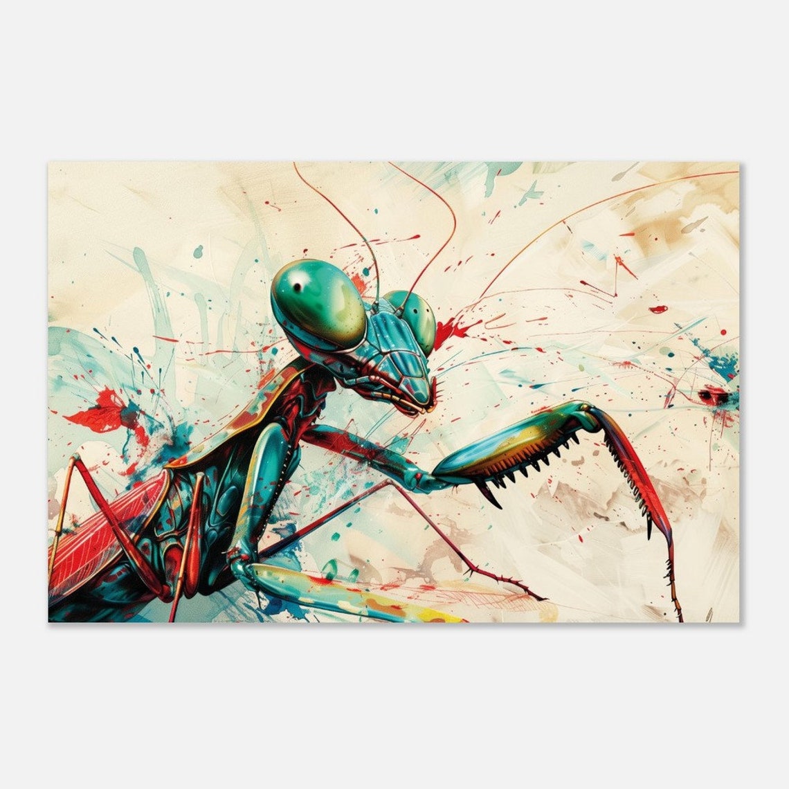 Microcosm Praying Mantis Macro Painting Vibrant Teal Red Splash Poster - Image 3