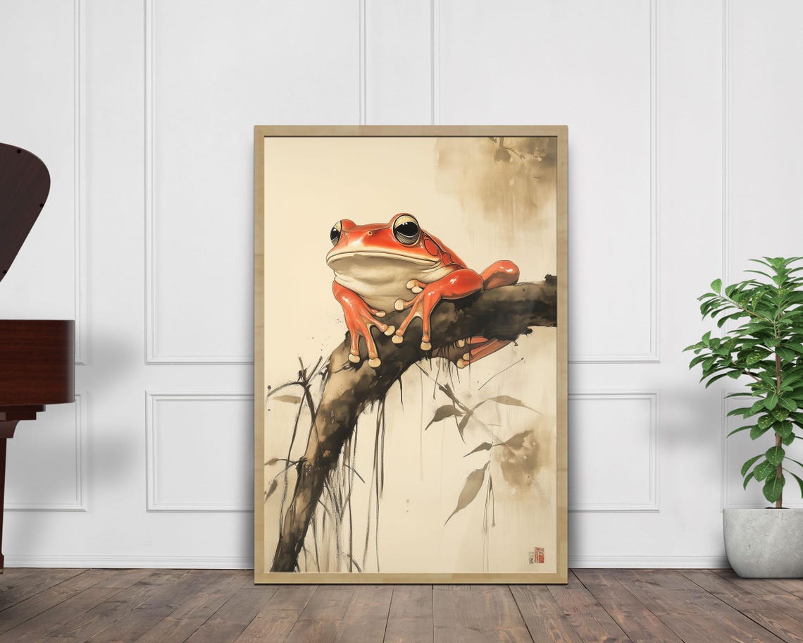 Japanese Sumi E Style Red Frog Resting on Branch Ink Wash Wall Art