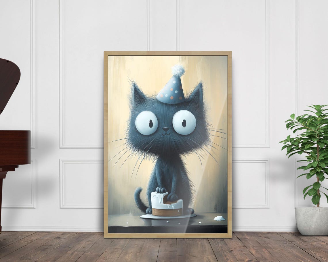 Cute Black Cat with Party Hat Eating Birthday Cake Fun Wall Art - Image 7