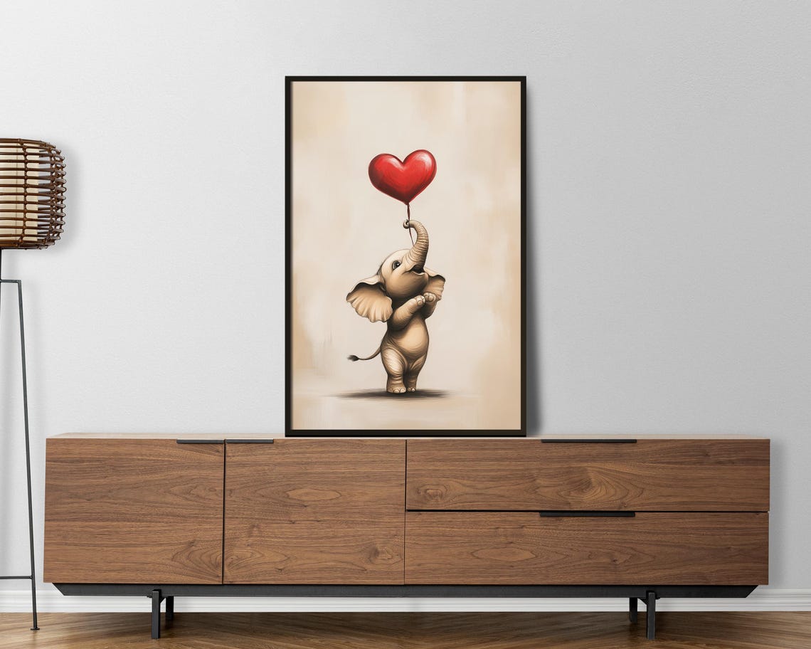 Cute Baby Elephant Holding Red Heart Balloon Nursery Wall Art - Image 5