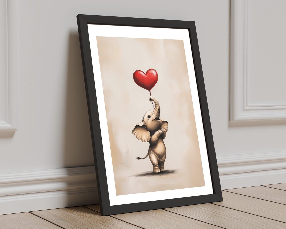 Cute Baby Elephant Holding Red Heart Balloon Nursery Wall Art - Image 8