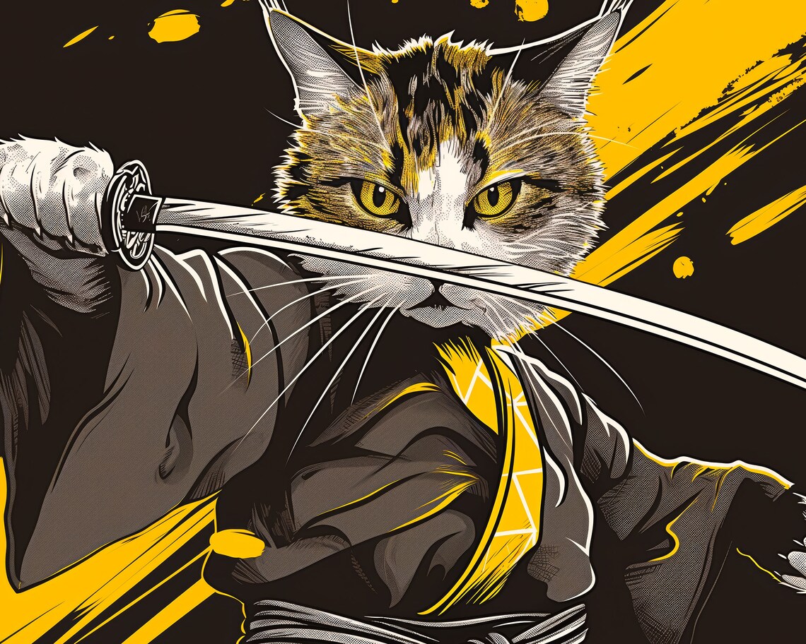 Samurai Cat Warrior With Katana Sword Bold Black Gold Graphic Art Poster - Image 3