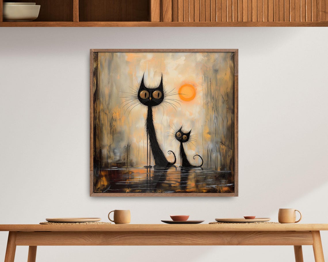Black Cats At Sunset Pair Standing In Water Painterly Art Poster