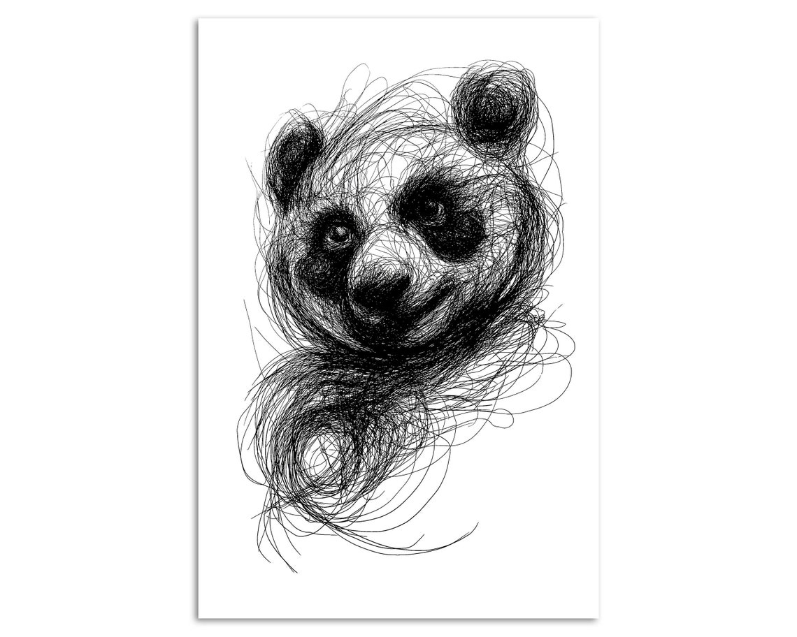 Giant Panda Head Scribble Art Black And White Line Drawing Print - Image 3