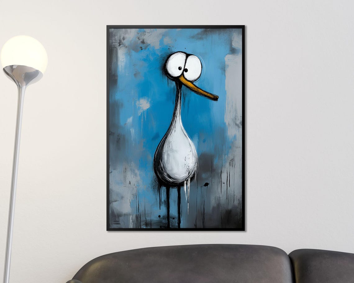 Funny Goofy Bird Quirky Cartoon Painting Blue Abstract Art Poster - Image 2