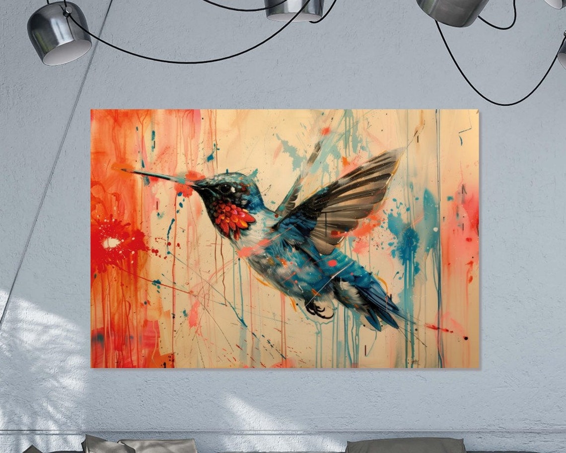 Microcosm Hummingbird In Flight Macro Painting Vibrant Splash Poster