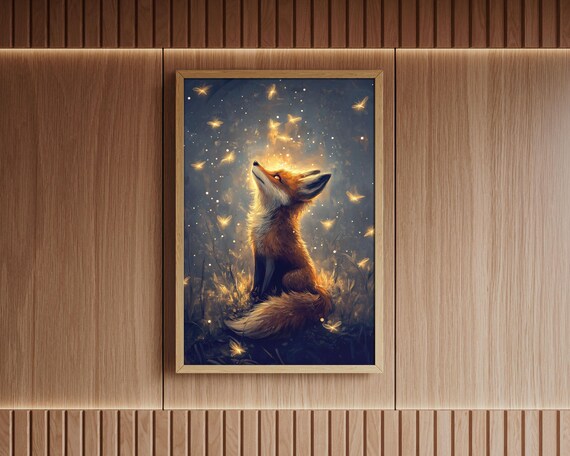 Red Fox Watching Glowing Fireflies Magical Night Forest Wall Art