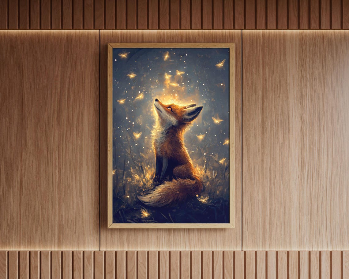 Fox Gazing At Glowing Fireflies Enchanted Night Forest Art Poster