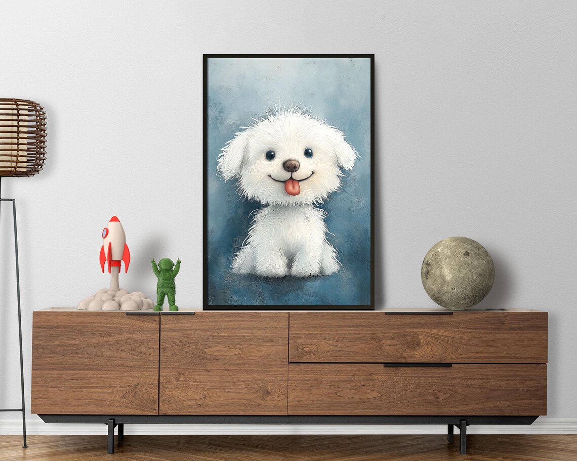 Happy White Fluffy Puppy Tongue Out Cute Cartoon Dog Art Poster - Image 5