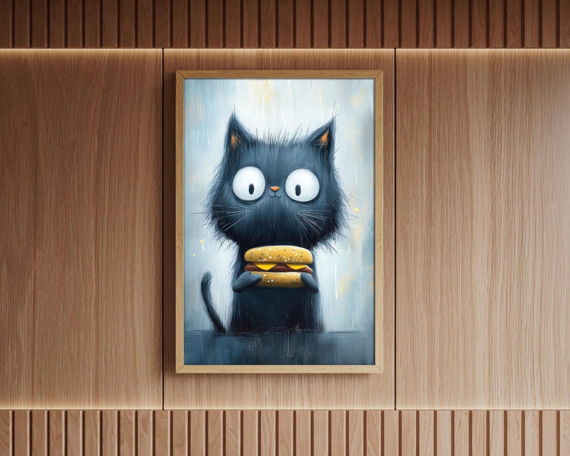 Black Cat Holding Cheeseburger Funny Whimsical Kitchen Art Poster - Image 5