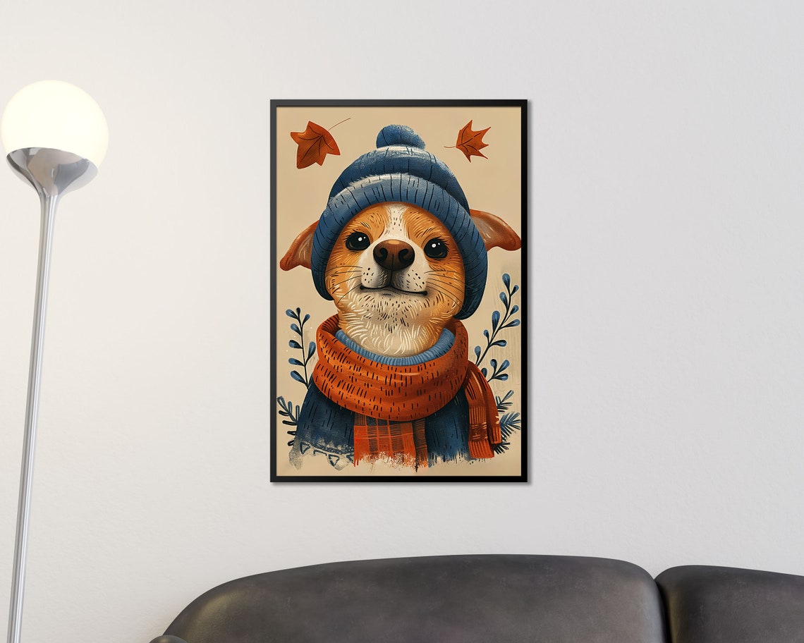 Cute Dog In Blue Knit Hat And Orange Scarf Autumn Wall Art Print - Image 2