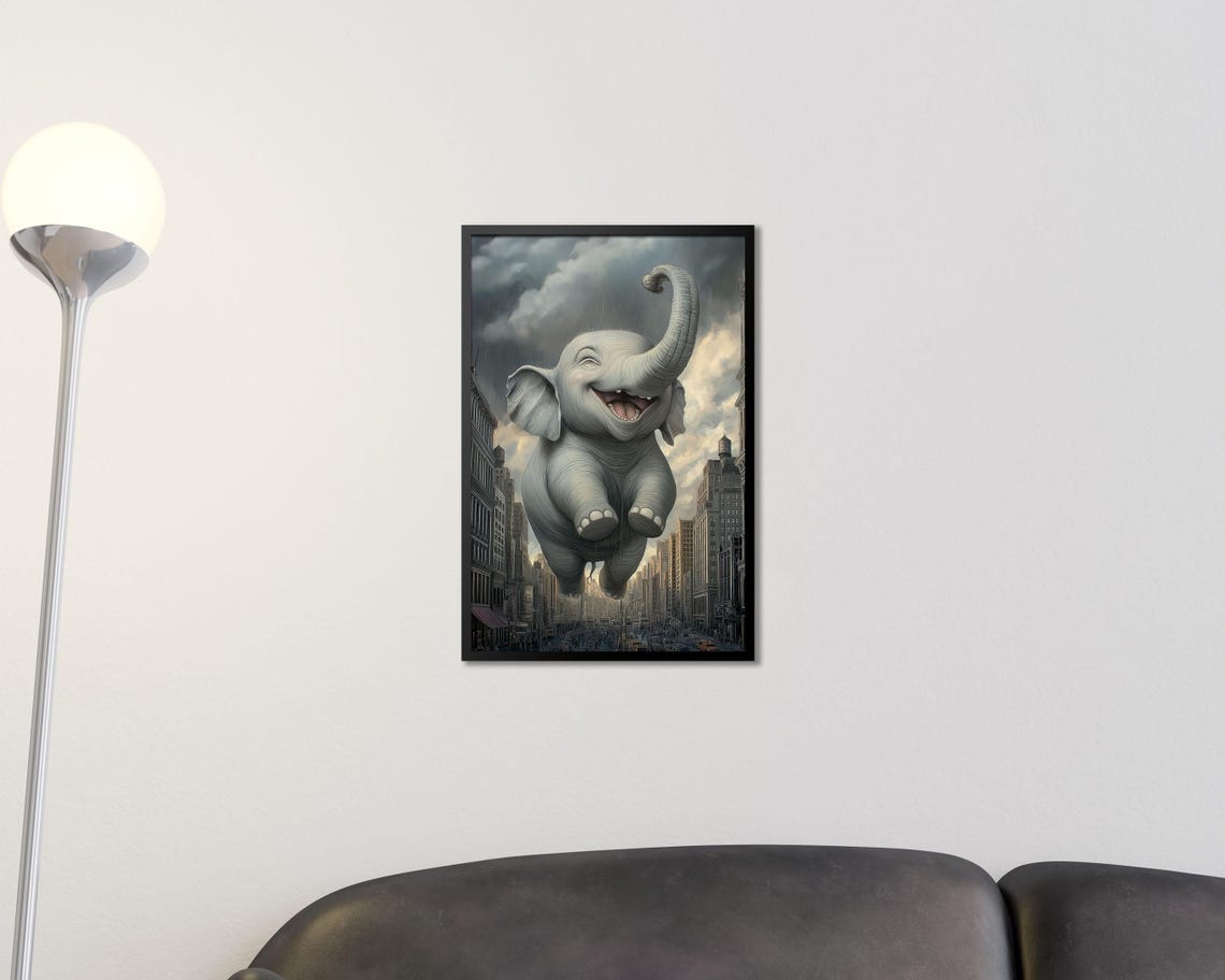 Giant Happy Elephant Flying Over City Street Surreal Wall Art - Image 2