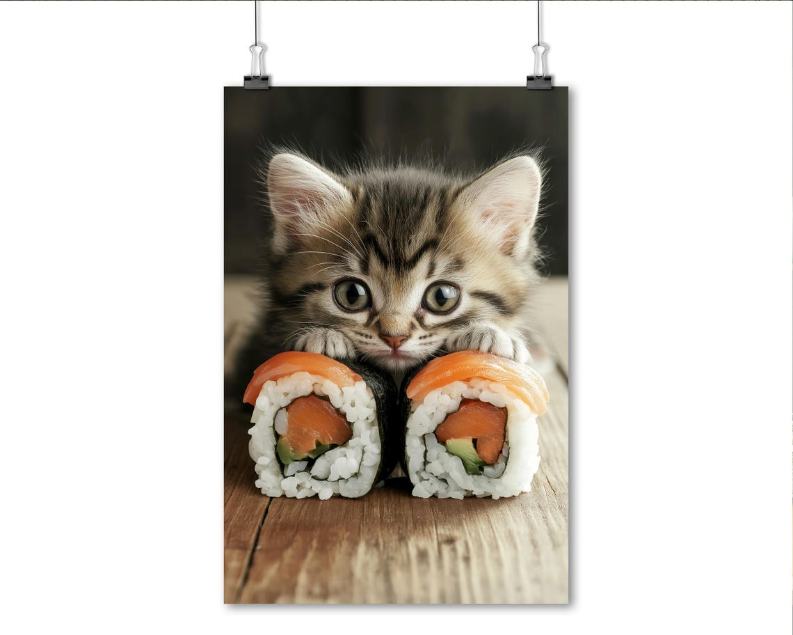 Tabby Kitten Behind Sushi Rolls Cute Foodie Kitchen Art Poster - Image 5