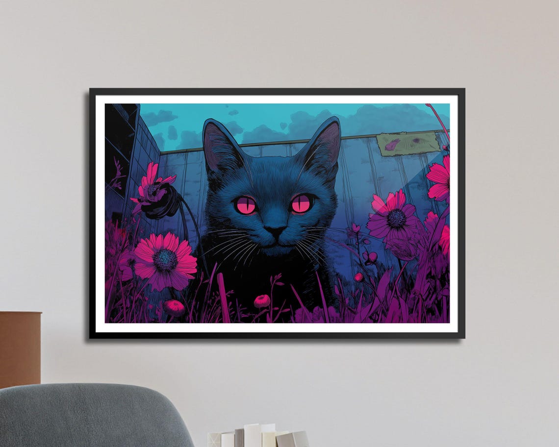 Neon Black Cat With Glowing Pink Eyes Floral Dark Aesthetic Poster - Image 5