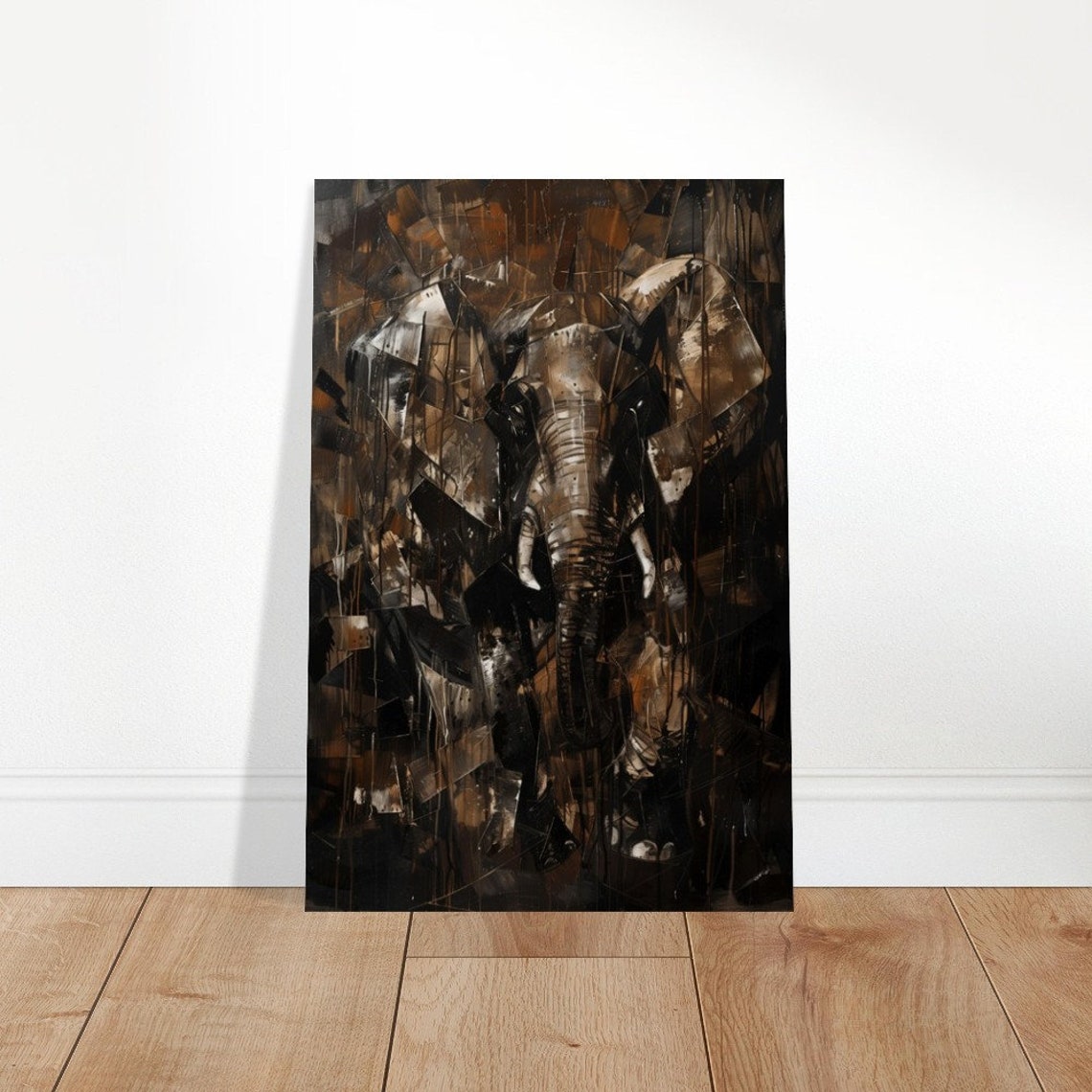 Cubist Elephant Abstract Art Dark Bronze Tones Dramatic Wall Poster