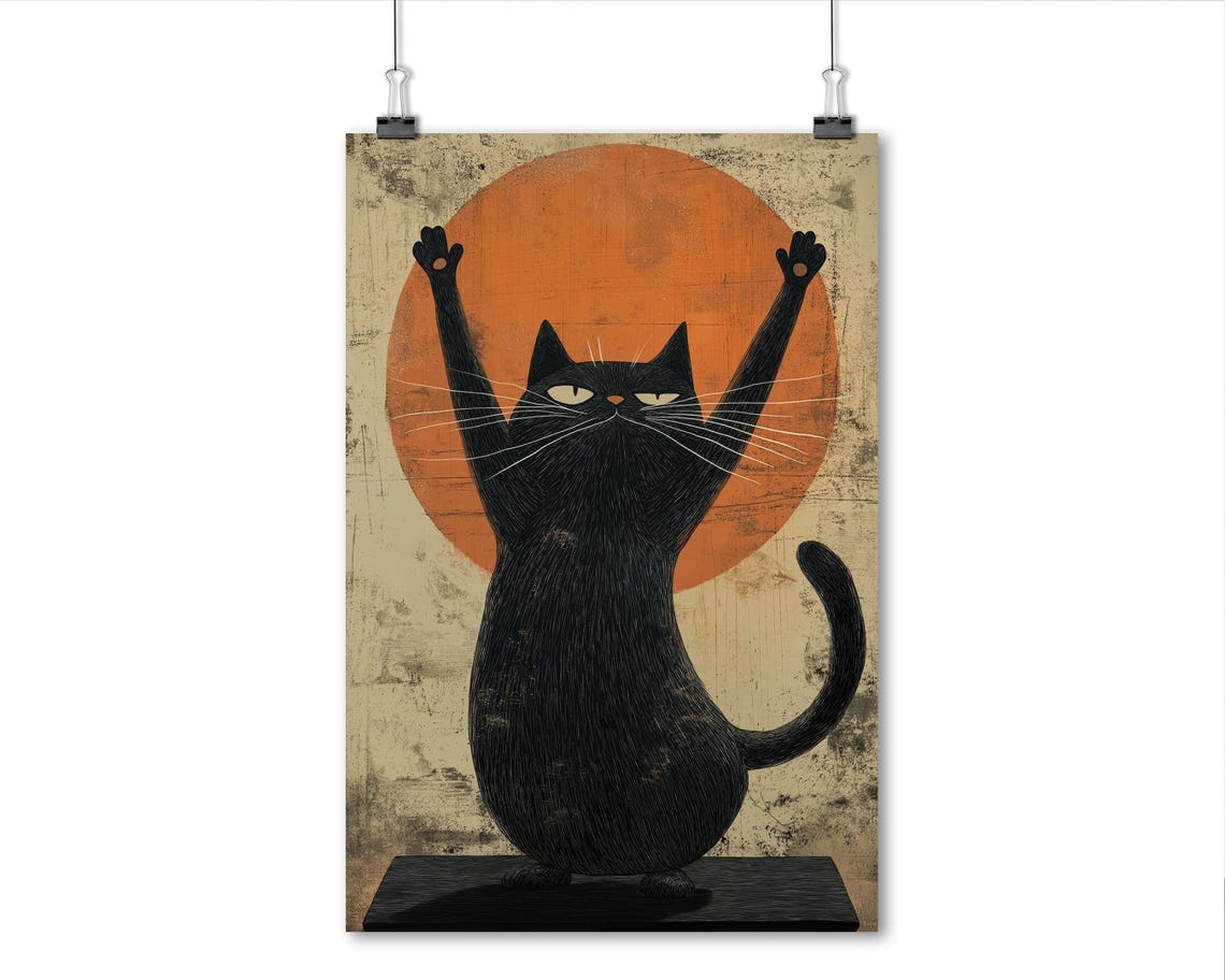 Zen Yoga Cat Stretch Pose Orange Sun Retro Meditation Wall Art - Image 6