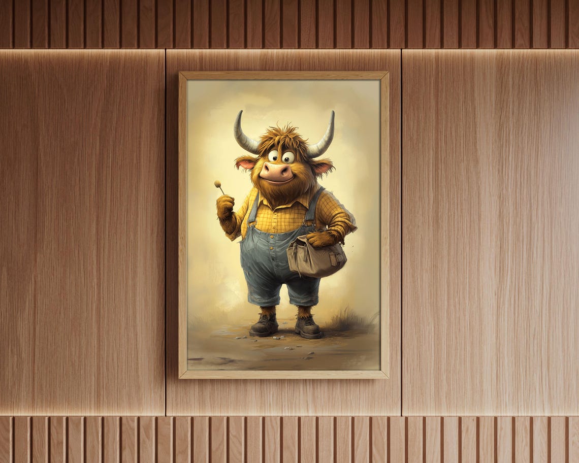 Farmer Cow In Overalls Whimsical Highland Cattle Farm Art Poster - Image 4