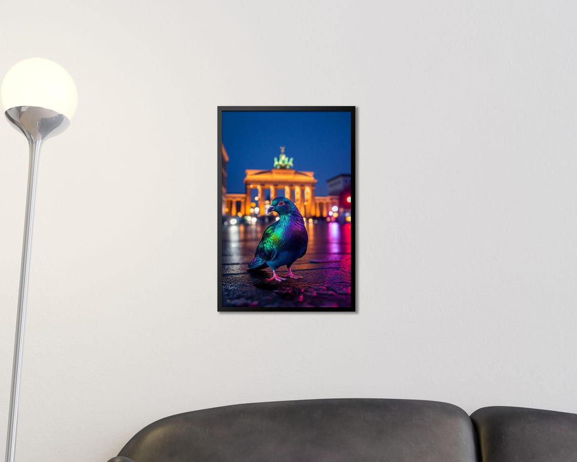 Neon Pigeon Berlin Night Brandenburg Gate City Street Wall Art - Image 2
