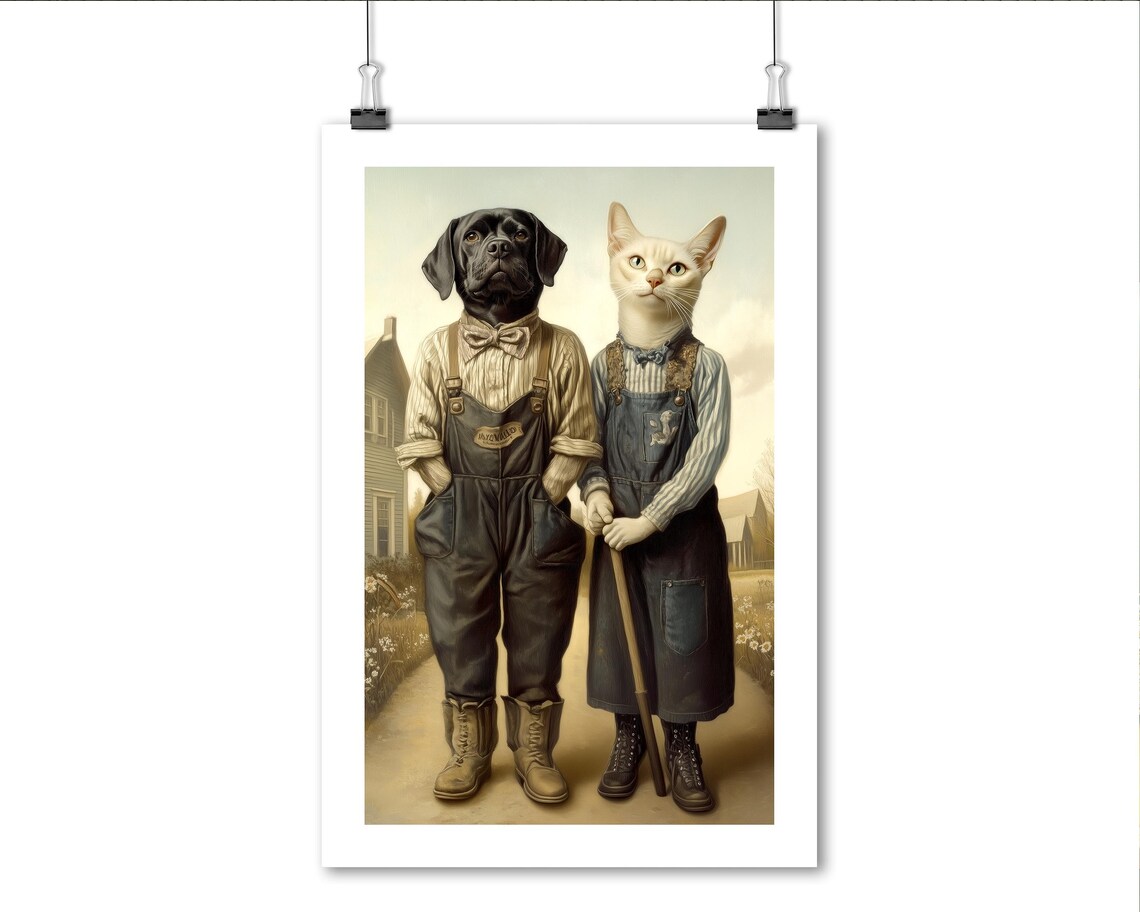 Dog And Cat In Overalls Vintage American Gothic Farm Art Poster - Image 3