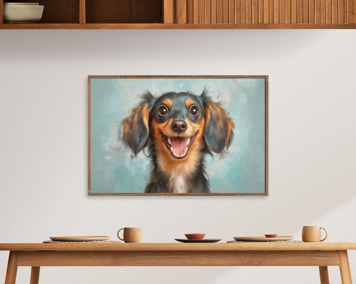 Funny Grinning Long Haired Dachshund Face Blue Pet Portrait Poster - Image 4