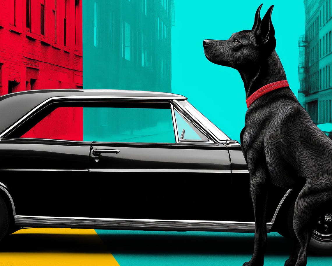 Retro Pop Art Black Dog With Classic Car Bold Color Block Urban Poster - Image 2