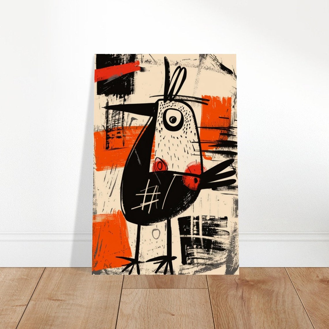 Abstract Long Beak Bird Black Cream Orange Modern Art Bird Print - Image 4