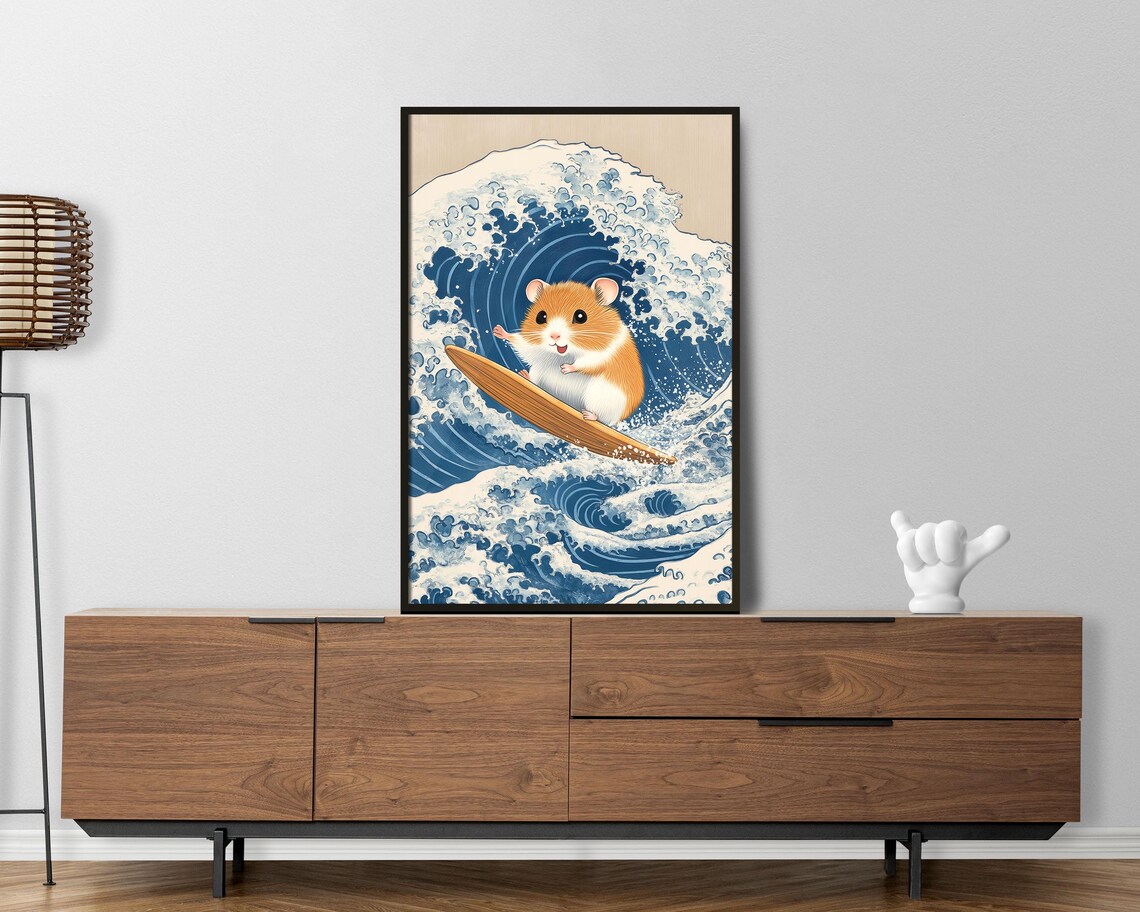 Surfing Hamster Riding Great Wave Japanese Wave Art Funny Poster - Image 2
