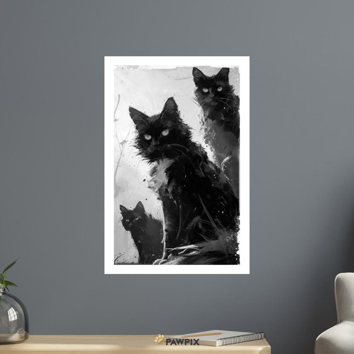 Chat Noir 11 Black Cats Trio Monochrome Grunge Textured Feline Art Poster