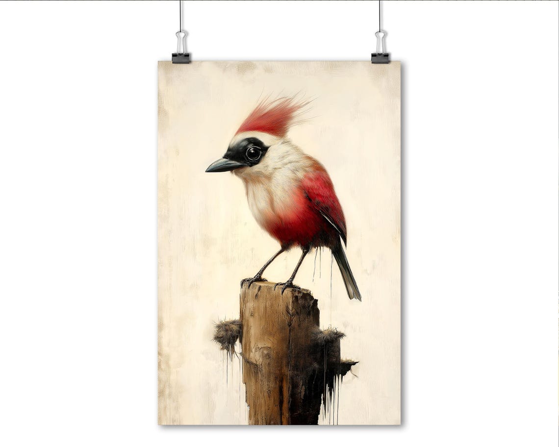Red And White Crested Bird On Post Minimal Nature Art Poster - Image 6