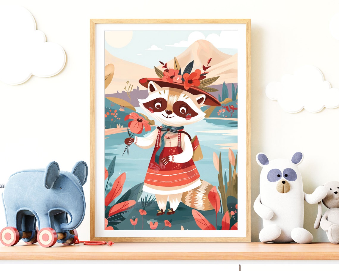Smiling White Dog Winter Hat Scarf Mountain Cartoon Kids Wall Art - Image 3