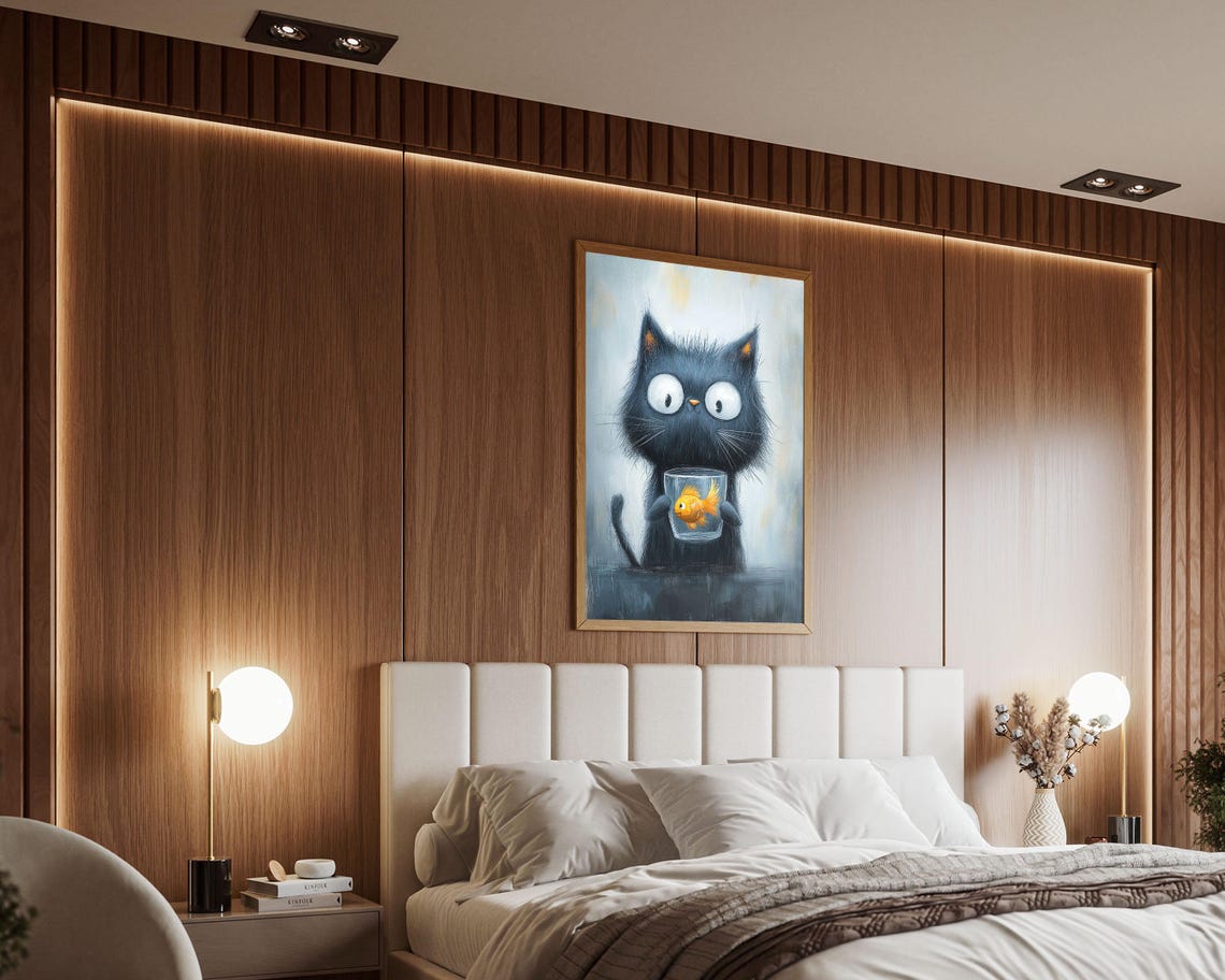 Big Eyed Black Cat Holding Goldfish Bowl Funny Kitchen Wall Art - Image 5