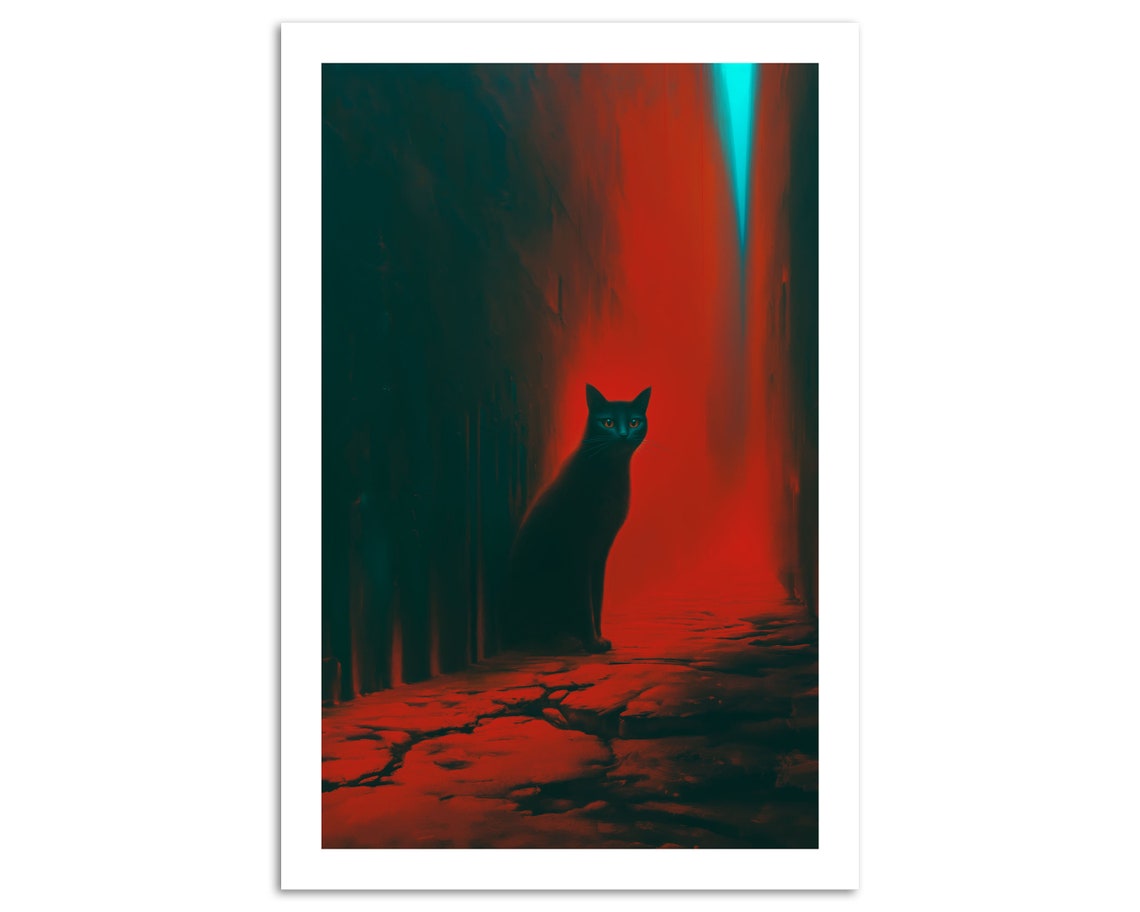 Black Cat In Red Lit Alley Surreal Mystery Cat Lover Art Poster - Image 4