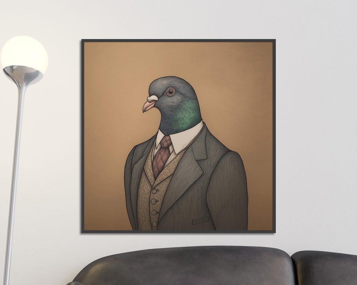 Dapper Pigeon In Vintage Suit Quirky Bird Portrait Art Poster - Image 2