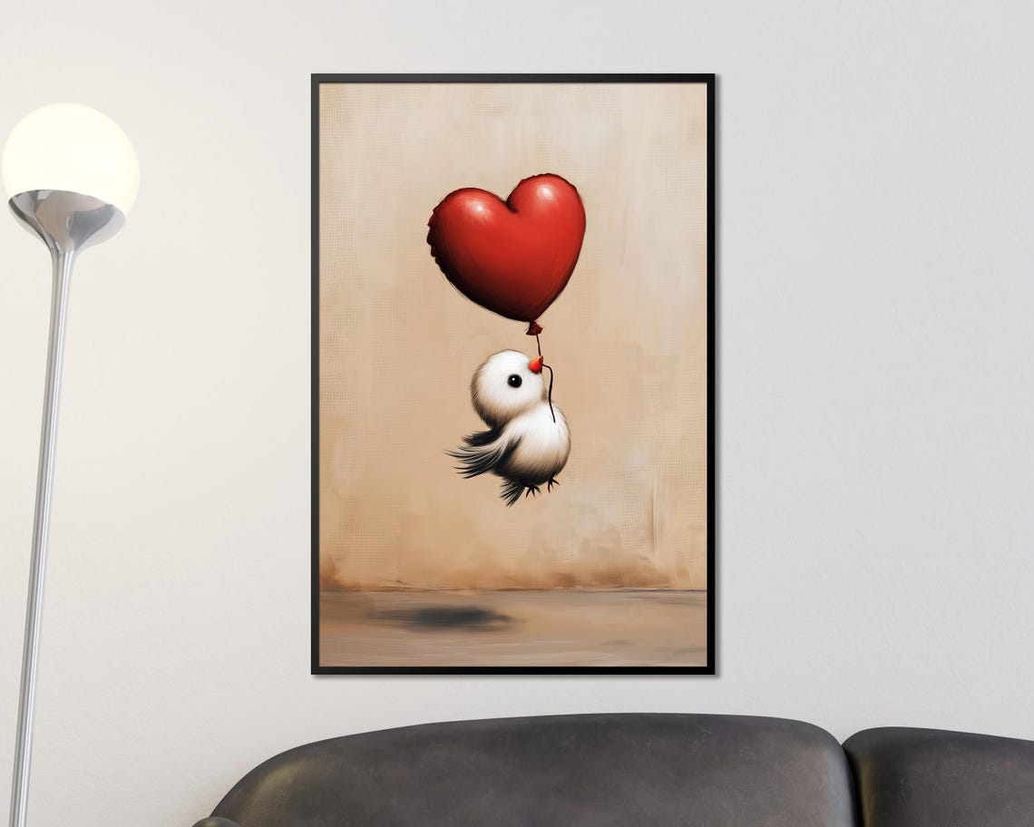 Tiny White Bird Floating with Red Heart Balloon Nursery Wall Art - Image 4