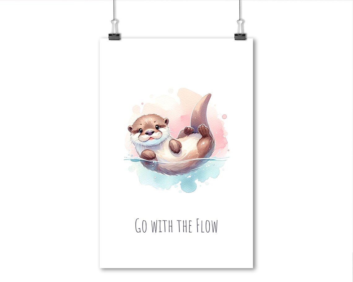 Go With The Flow Baby Otter Floating Pastel Watercolor Nursery Poster - Image 4