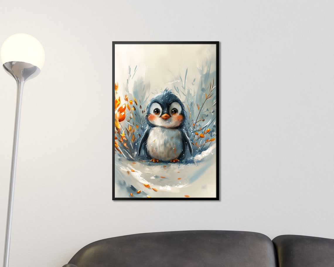 Cute Baby Penguin Snow Watercolor Rosy Cheeks Winter Nursery Poster
