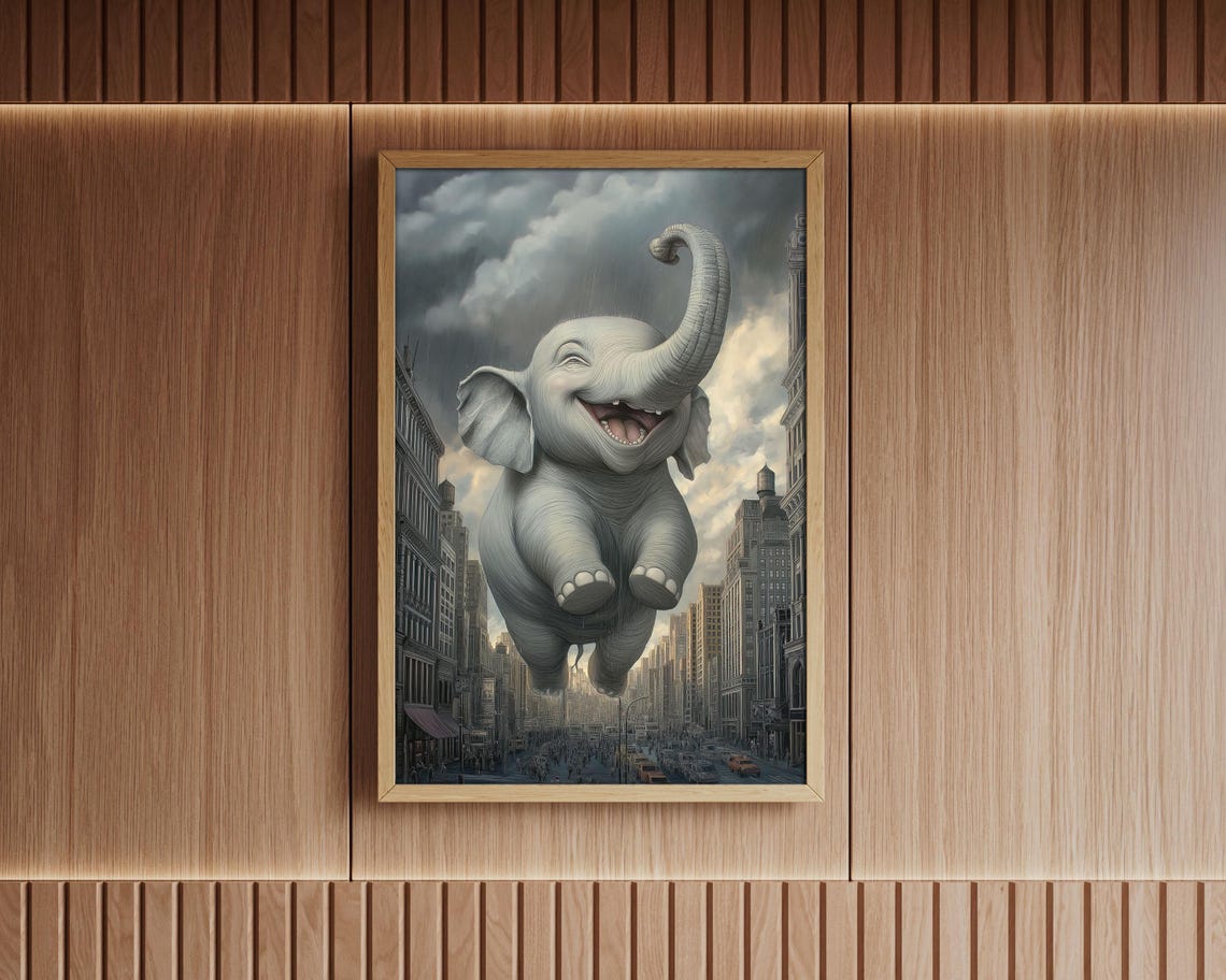 Giant Happy Elephant Flying Over City Street Surreal Wall Art - Image 5