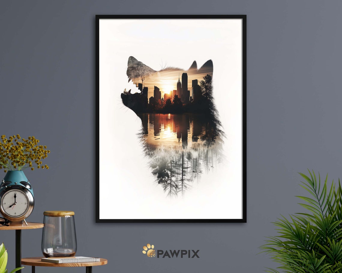 Howling Wolf Double Exposure Sunset City Skyline Silhouette Print