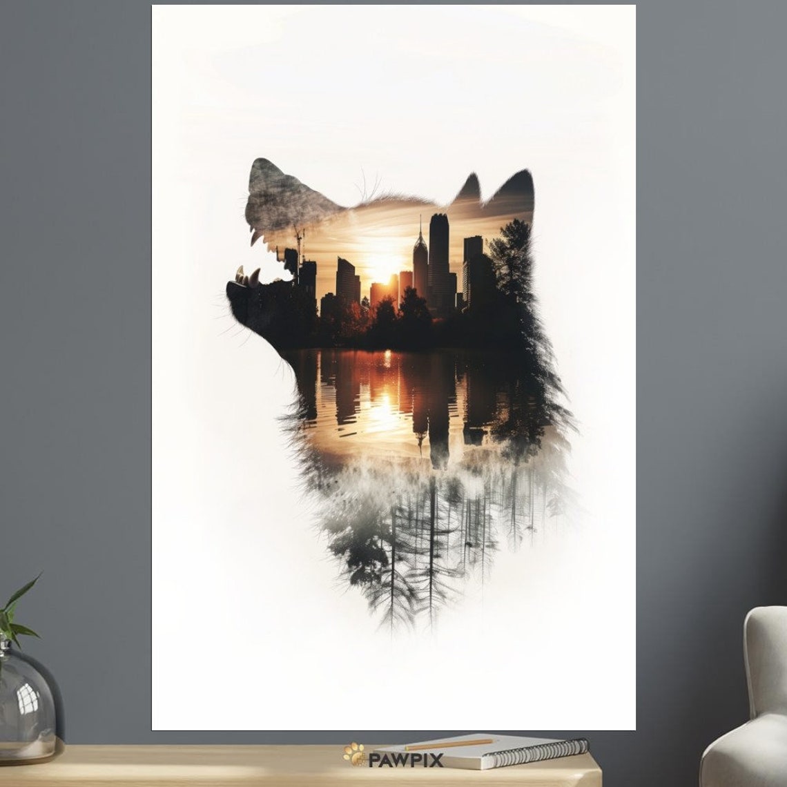 Howling Wolf Double Exposure Sunset City Skyline Silhouette Print - Image 3