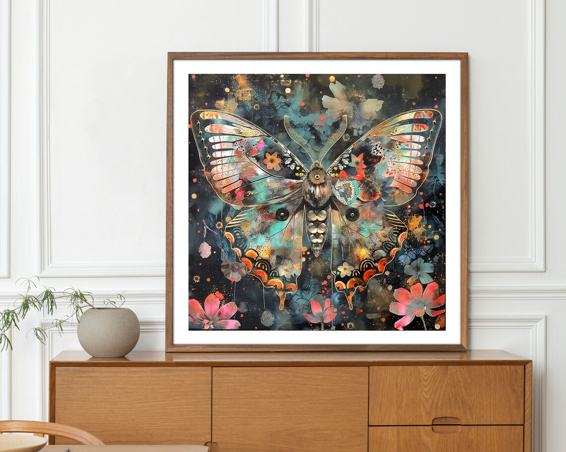 Colorful Floral Moth Dream Bohemian Nature Insect Wall Art Print