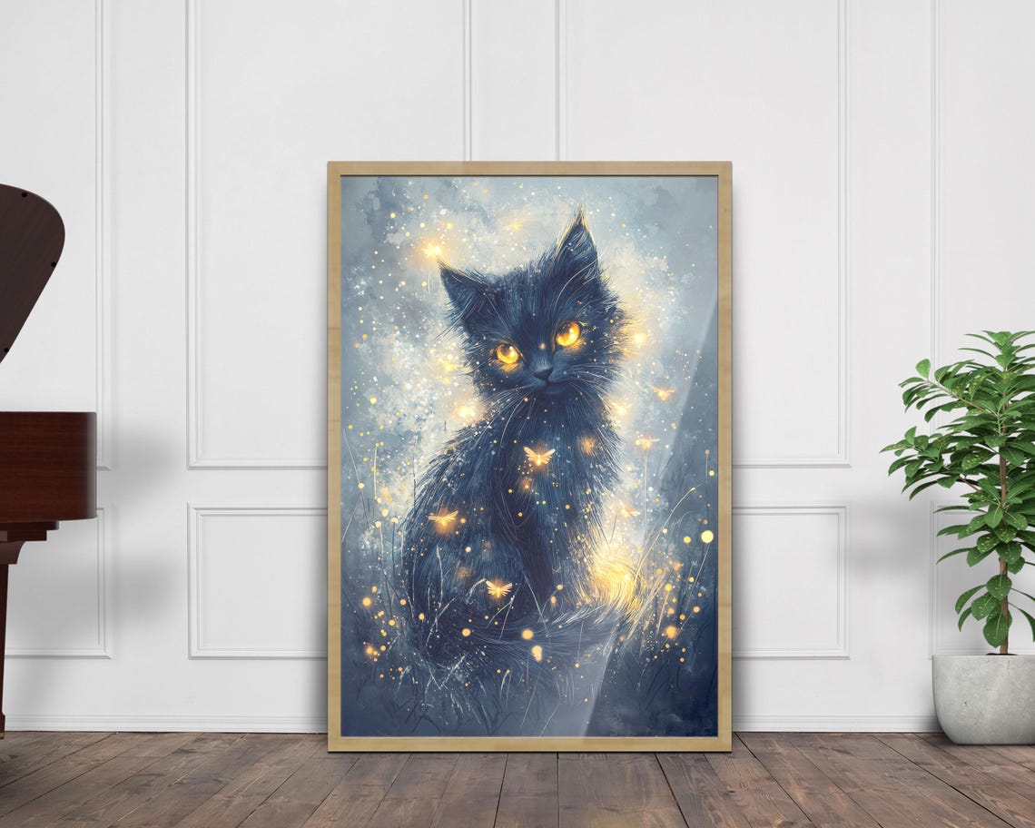 Mystical Black Kitten Golden Eyes Fireflies Magic Night Wall Art - Image 6