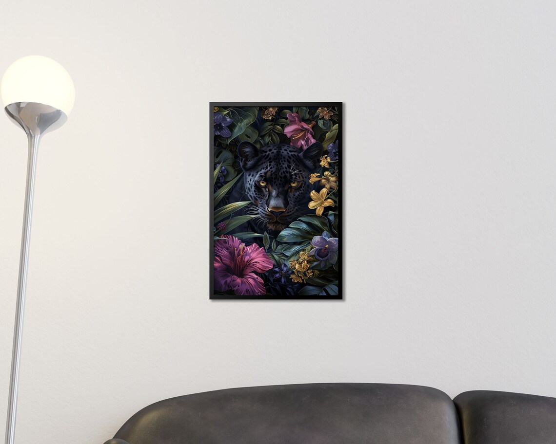 Mystical Black Leopard Among Tropical Flowers Jungle Cat Wall Art Print - Image 2