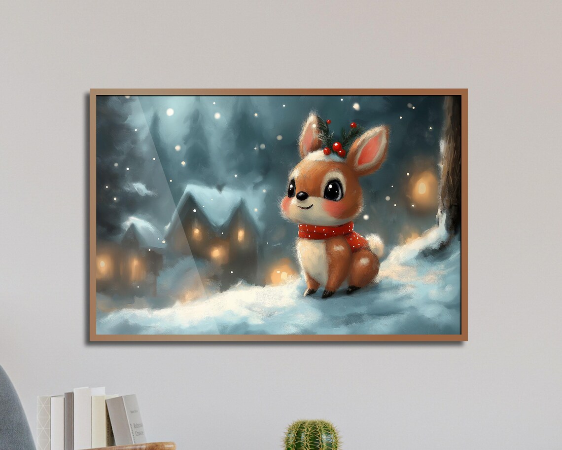 Cute Christmas Fawn In Snowy Village Holiday Winter Deer Poster - Image 5