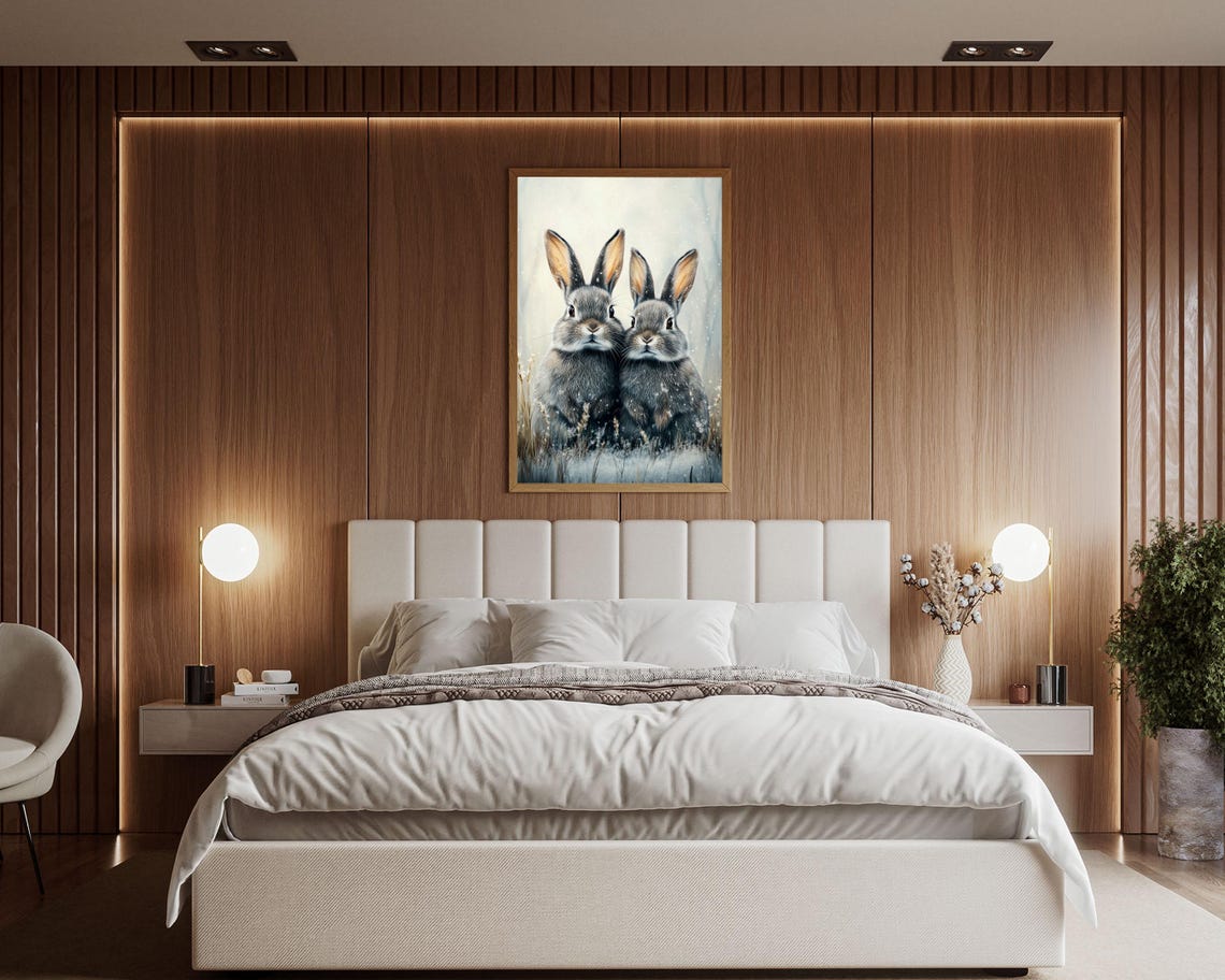 Two Rabbits In Snowfall Winter Bunnies Watercolor Art Poster - Image 2